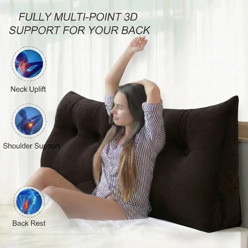 Image of Luxury Velvet Tufted Wedge Pillow with Side Pocket - Soft Headboard Back Support Cushion for Bed, Sofa & Floor Seating - Brown Color