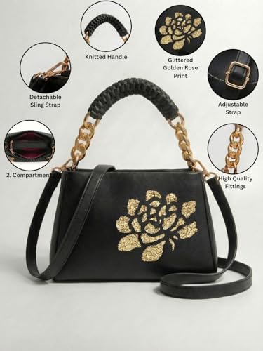 Image of LIKE STYLE Women's PU Sling Bag with Gold Glitter Floral Print | Dual Compartment Crossbody & Shoulder Bag with Braided Handle | Stylish Zip Closure Handbag for Office & Daily Use | Durable Material