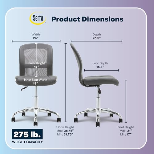Image of Serta Essential Armless TaskChair, Small Desk Chairs with Wheels, Breathable Mesh Back and Faux Leather, Quality Foam Cushion Seat for Comfort, Minimal Design for Vanity Table, Gray
