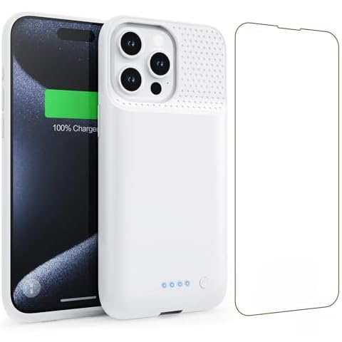 QTshine Battery Case for iPhone 15Pro Max, Upgrade 8600mah Portable Slim Battery Charging Case, 15W Fast Charging Rechargeable Protective Extended Charger Cover for iPhone 15 Pro Max (6.7 inch)-White Cover