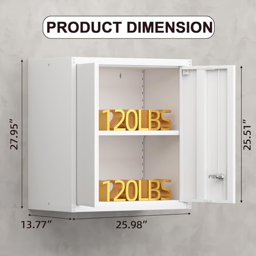 Image of Office Wall Cabinet, Morden 2 Doors Hanging Storage with Adjustable Shelves, Locking Cabinet with Keys, Small Ofiice Storage for School, Home, White