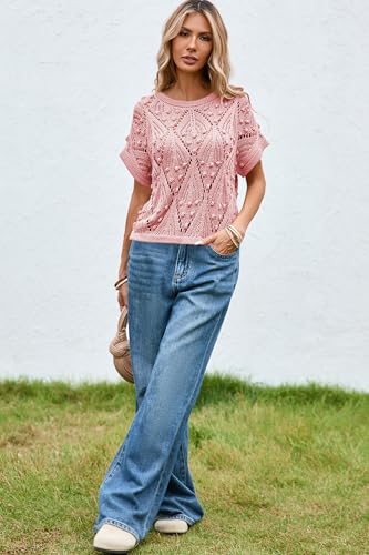 Image of Cakulo Womens Summer Crochet Boho Crop Tops Short Sleeve Lightweight Knit Sweater 2026 Beach Vacation Cruise Resort Wear
