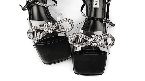 Image of Zzheels Double Bowknots Crystal Clear Shoes Strappy Sandals | Clear Slingback Heels, Rhinesotne Bow Sandals, Square Toe, Elegant Heels