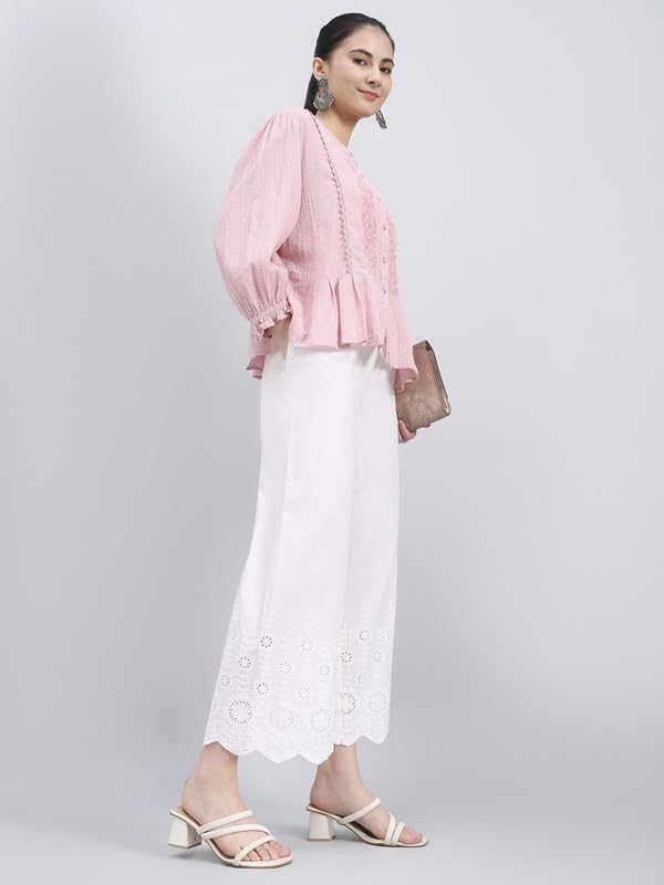 Image of GO COLORS Soft Cotton Embroidered Wide Pant Full Length for Women | Mid Rise, Breathable
