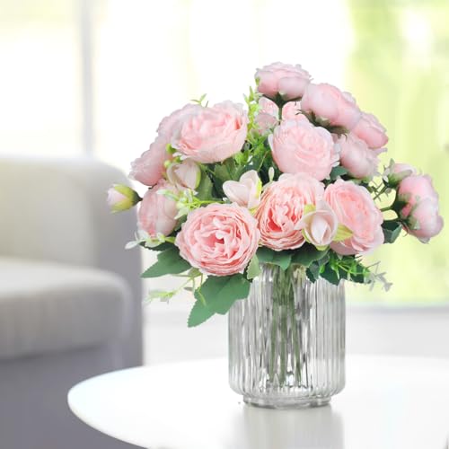 3 Bunches Peony Artificial Flowers Silk Peonies Bouquets Fake Flowers for Table Centerpieces Floral Arrangement Faux Flowers for Home Kitchen Garden Party Wedding Decoration (Pink) image 1