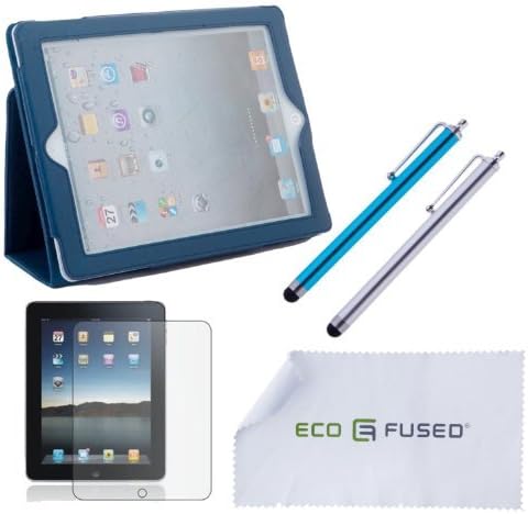 iPad 2, 3, 4 Accessory Bundle Including 1 Faux Leather Stand Case for Apple iPad 2, 3 and 4/2 Stylus Pens / 1 Screen Protector / 1 ECO-FUSED Microfiber Cleaning Cloth (Dark Blue)