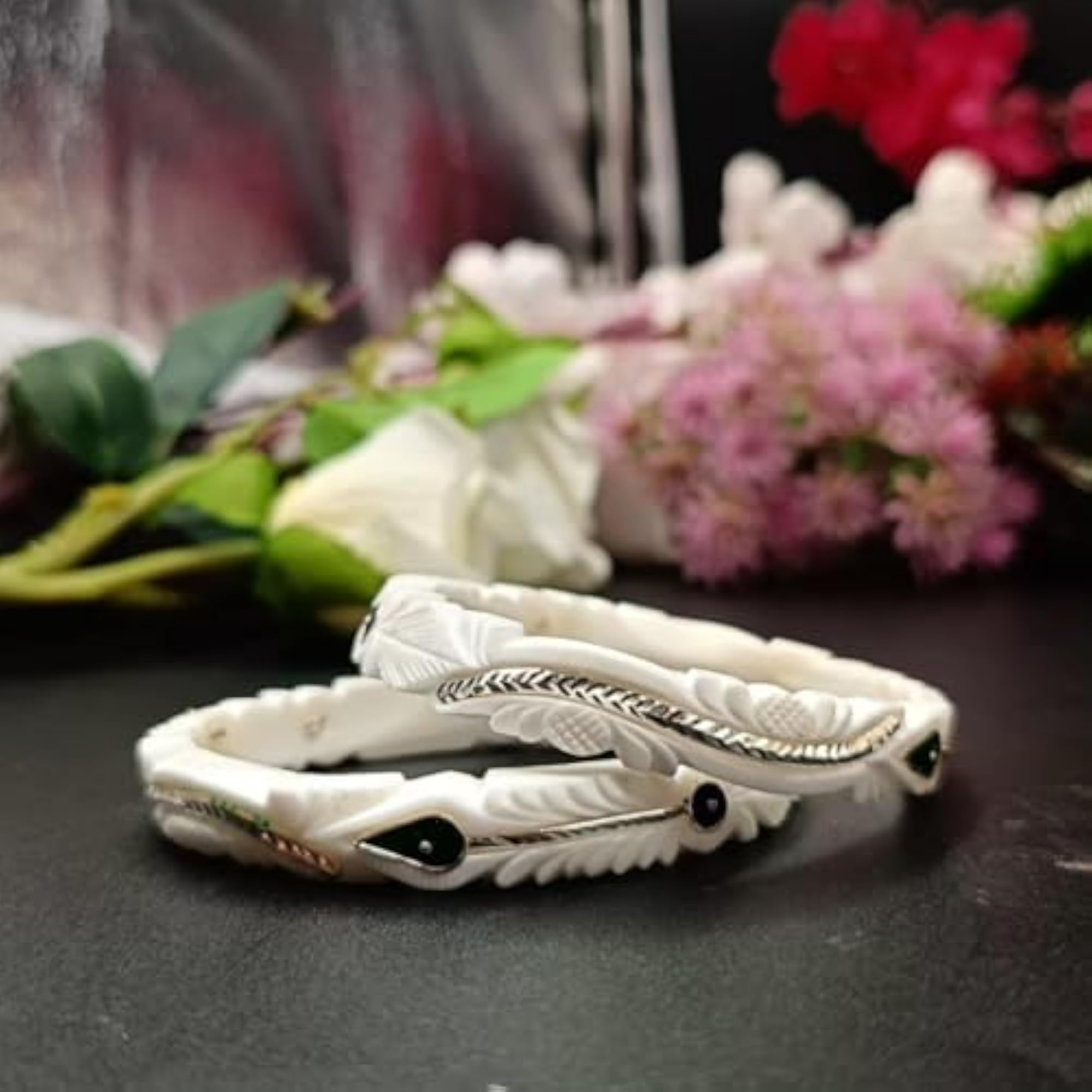 Women's Traditional Silver White Bangles with Green and Blue Leaf Motif, Velvet Box Gift
