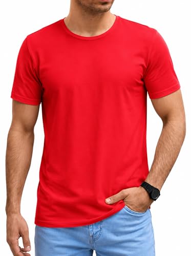 Mens Breathable Crew Neck Short Sleeve Cotton T-Shirts Comfortable Summer Tees Red Small