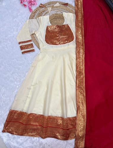 Image of Chanderi Cotton Anarkali Dress Set with Jacquard Weaving and Zari Border, Traditional Indian Ethnic Wear Gown for Weddings, Festivals, and Special Occasions