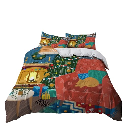 掛け布団カバー 猫布団カバー クリスマス け布団カバー 暖マイクロファイバー柔ら寝具全開ファスナー 紐4ヶ所付 ズレ防止 ふとんカバー 着脱簡単 毛玉なし 寝汗吸収 通気速乾 防臭防ダニ羽毛布団カバー170x210cm+枕カバー2枚43x63cm春、夏、秋