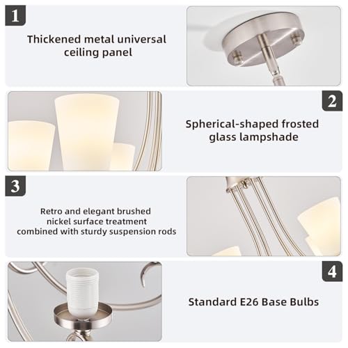 Image of Brushed Nickel Farmhouse Chandelier Rustic Dinner Room Chandelier with Frosted Milky White Glass Lampshade Silver Durable Metal Ceiling Hanging Light Fixture for Kitchen Island Living Room Over Table