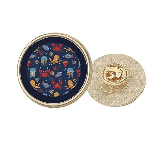 Broche ronde en métal doré au design marin ciselé de méduse et crabe