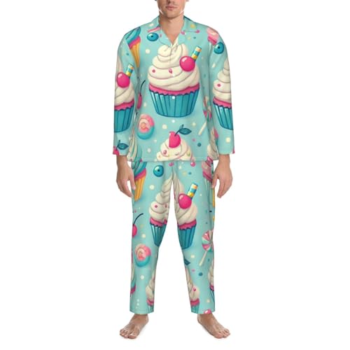Mens Long Sleeves Pajama Set Blue Cupcake Muffin Cozy Two-Piece Loungewear For Nighttime Comfort,Casual Wear4