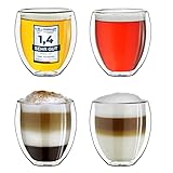 Creano doppelwandige Gläser 400ml „DG-Bauchig“, 4er Set, großes Thermoglas doppelwandig aus Borosilikatglas, Kaffeegläser, Teegläser, Latte Gläser, Doppelwandgläser