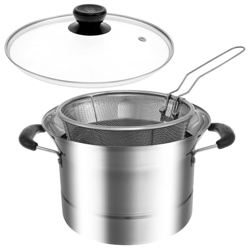 Deep Fryer Pot with Strainer Basket and Handle Stainless Steel Fryer Pot Aluminum Fish Fryer Pot Portable Deep Fryer Multifunctional Deep Frying Pot for Cooking Chicken Wings Seafood French Fries