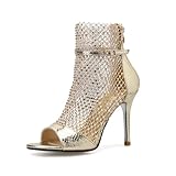 GHIBHNA Women'S Hollow Mesh Rhinestone Stiletto Sandals With Back Zipper Summer Classic Open Toe Evening Ankle Strap High Heel Sandals Gladiator Sexy High Heels (gold,8.5)