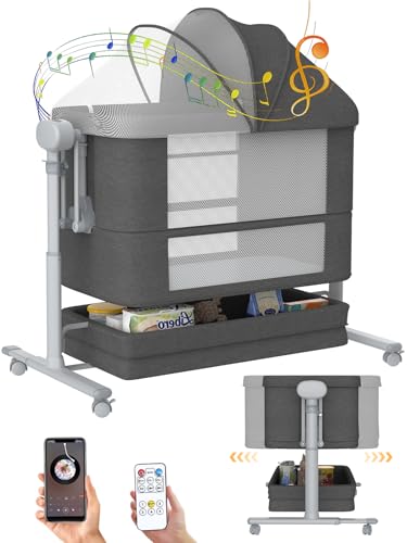 Electric Rocking Bassinet for Baby, 4 in 1 Baby Basinets Bedside Sleeper with Wheels, Automatic Bedside Bassinet with Remote Control, Crib in Bed Newborn with)5-speed height adjustment (Deep Grey)