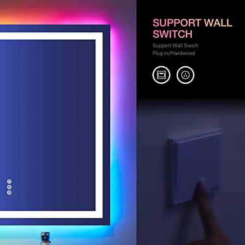 LOAAO 28"X36" LED Bathroom Mirror with Lights, Anti-Fog, Dimmable, RGB Backlit + Front Lighted, Bathroom Vanity Mirror for Wall, Memory Function, Tempered Glass (Safe to Use)