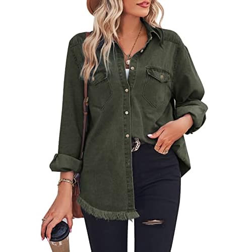 Zilcremo Women Denim Shirt Chambray Collared Jean Shirts Long Sleeve Pocket Button Down Blouses Small Armygreen