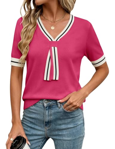 Image of Libsorge Womens Lightweight Cute Bow Tie Sweater Spring 2026 Business Casual Outfits V Neck Short Sleeve Tops