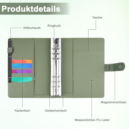 Binlava Ringbuch A5 Nachfüllbar, Notizbuch A5 Mit 135 Blätter Nachfüllpapier und Bindertaschen, 6 Ringe Notizbuch Din A5 Ringbuch für Schulnotizen, Reisetagebücher, Planer (Grün)