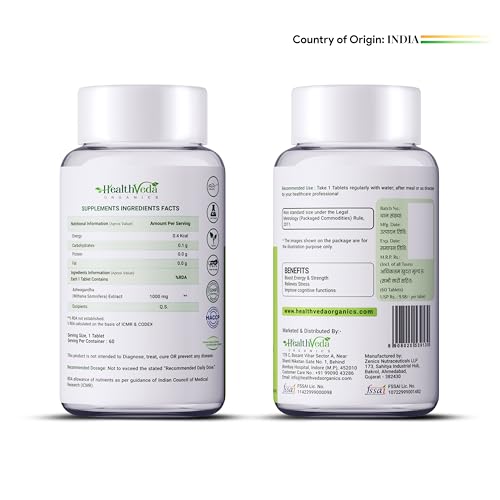 Image of Health Veda Organics Ashwagandha 1000mg | 60 Veg Tablets | Stress Relief, Energy & Immunity Support | Potent Herbal Supplement