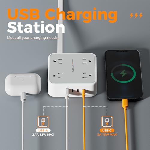 Image of TESSAN Surge Protector Power Strip, 5 Ft Flat Plug Extension Cord with 4 USB (3 USB C) 8 Outlets, 1875W, 900J Protection, 3 Sided Outlet Extender with Power Switch for Office, Dorm Room, Grey