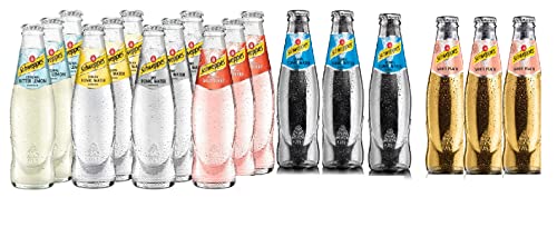 Schweppes Mix Set 18 x 200 ml vidrio carbonatado (mezcla 6 tipos de 3 botellas), limón intenso, indio, tónico seco, tónico, herbal tónico, berry, blanco melocotón inc.