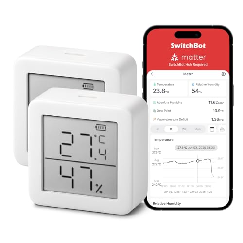 SwitchBot Thermometer Hygrometer Innen, Digital Hygrometer Bluetooth Thermo-Hygrometer mit APP, Taupunkt/VPD/Absolute Feuchtigkeitssensor (2er-Pack)