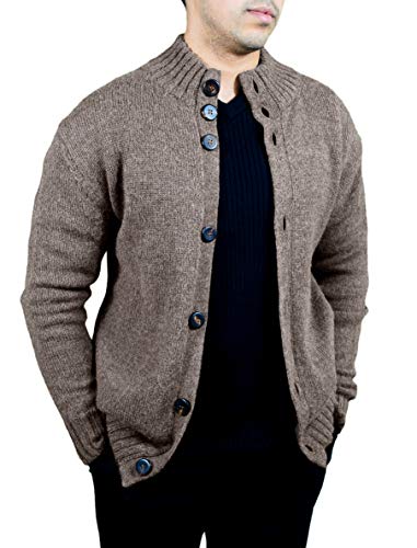 Cashmere Boutique 100% Pure Baby Alpaca Men's Cardigan Sweaters - Slim Fit, Long Sleeve, and 2 Side Pockets - Melange Brown