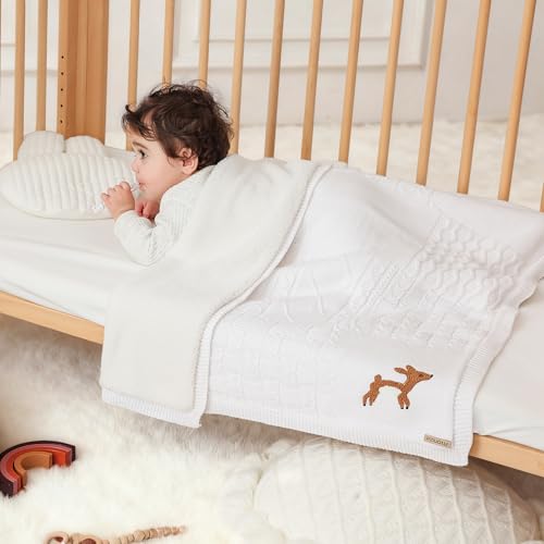 Image of Cotton Knit Baby Blanket with Plush Fleece, 31x40 Receiving Blanket for Newborn Boys & Girls, Soft Warm Stroller Blanket with Deer Embroidery, Box