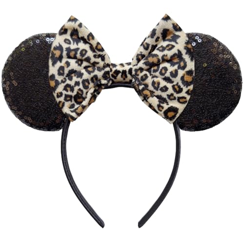 TUTKIMUS Mouse Ears Headband - Sequin Bow Mouse Ears Party Park Cosplay Themed Daily Wear Costume Decoration (Leopard Print)