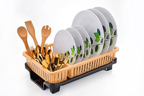 Clazkit Dish Drying Rack – 3 in 1 Durable Plastic Utensil Basket with Spoon Holder & Removable Dish Drainer Tray | Unbreakable Kitchen Organizer (Golden)