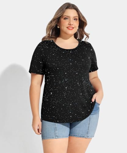 Image of CARCOS Plus Size Tops for Women Short Sleeve Shirt Summer Star /Leopard /Tie Dye /Flower Crewneck Pullover Tunic XL-5XL