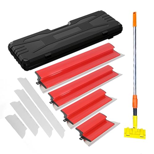 Juego de espátulas de superficie, 11 espátulas (4 herramientas y 4 hojas de acero inoxidable intercambiables, barra telescópica de 1,2 m y caja de transporte), mango ergonómico, para enyesar paredes y