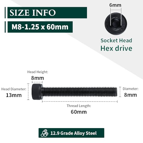 Vis à tête cylindrique M8x60mm en acier 12.9 pour fixations filetées