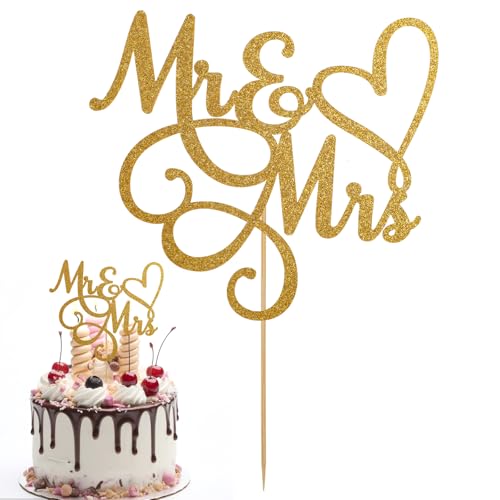 Mr & Mrs Cake Topper Bride and Groom Sign Toppers Gold Glitter Love Cake Decorations for Wedding Engaged Anniversary Letter Cupcake Topper Theme Party Supplies