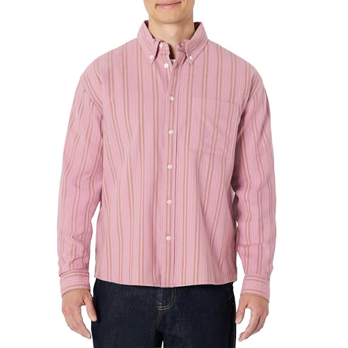 Amazon Essentials Men's Modern Oversized-Fit Cotton Button-Down Oxford Shirt, Mauve Dark Chestnut Brown Stripe, XX-Large