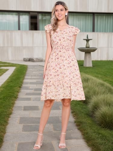 Image of Allegra K Women's Floral Dress Spring Summer V Neck Flutter Sleeve Ruffle Casual Smocked Knee Length Dresses