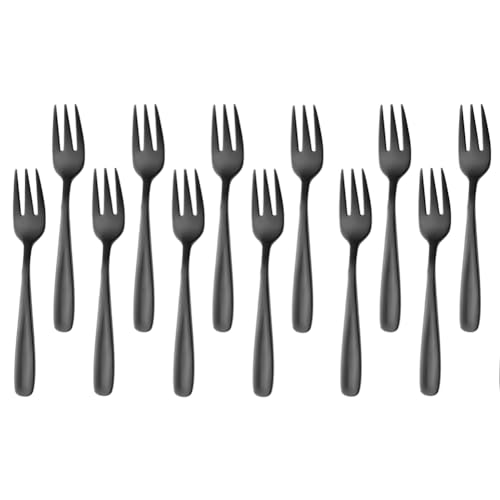 SBOMHS 12 tenedores de postre, tenedores para tartas, de acero inoxidable, tenedores de frutas, tenedores pequeños para bodas, tartas, té, 13,6 cm, longitud (negro)