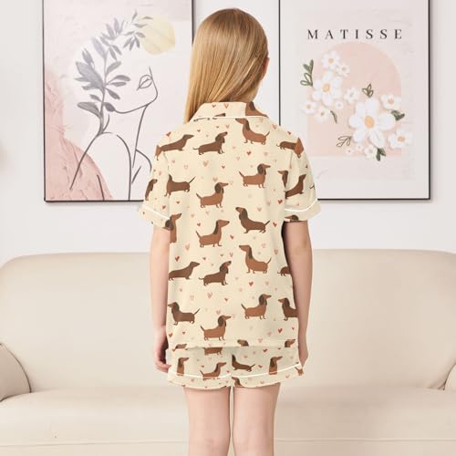 Sausage Dog Love Pattern Summer Satin Pajama Set, Cute Button-Down Sleepwear Pj Set for Sleep Wears4