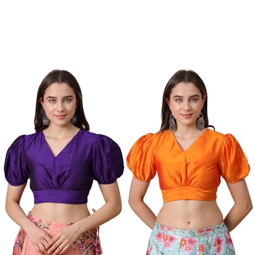 Image of Frolic Rolic Premium Silk V-Neck Blouse Readymade Saree Blouse - Designer Puff Sleeve Blouse for Wedding