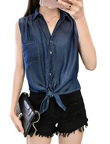 AMEBELLE Women s V Neck Button Up Tie Front Knot Sleeveless Denim Crop Tank Tops Shirt(0842-DarkBlue-L)