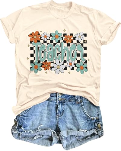 Teacher Life Shirt Teach T-Shirt: Women Back to School Teaching Tees Kindergarten First Day of School Casual Tee Tops