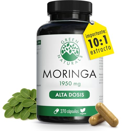 Moringa Oleifera – Alta dosis: 19.500 mg de polvo de moringa (1.950 mg de extracto (10:1)) – 100% vegano y sin aditivos – 270 cápsulas (3 meses) – Vegano y analizado en laboratorio – Green Naturals®