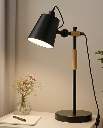 Homesake® Nordic Style Metal Desk Lamp, Table Lamp For Study Room, Study Light Lamp, Desk Lamp For Study, Adjustable Reading Lamp, Lamps For Living Room, Bedroom,Office, With Solid Natural Wood, Black