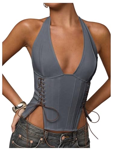 MakeMeChic Women's Y2K Halter Corset Crop Tops Cowboy Chic Lace