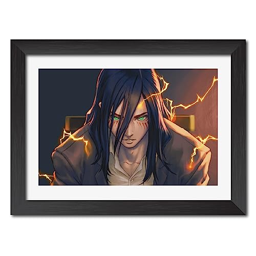 Image of TenorArts Eren Yeager Poster Attack on Titan Anime Laminated Photo Frame Painting with Matt Finish Black Textures (12inches x 9inches)