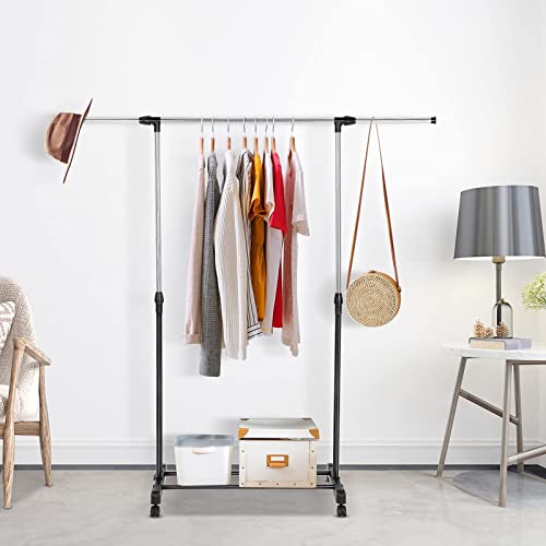 YORKING Clothes Rail for Bedroom Adjustable Garment Rack with Wheels 88-150x42x80-157cm Hanging Rail for Clothes Single Clothing Rail Clothes Organizer Coat Rack Heavy Duty Cloth Rack