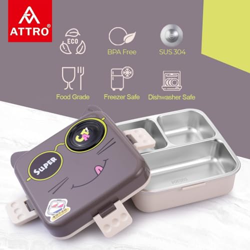 Image of ATTRO Carnival Super Cat Lunch Box 2 Layer Stainless Steel Lunch Box Comes with 1 Detachable Tray, 1 Small Container & 1 Spoon Ideal for Kids BPA Free 1120ml+70ml- Grey